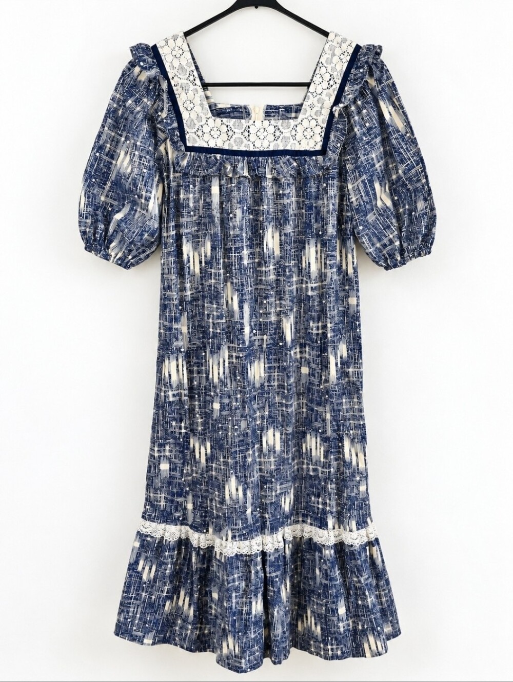 Vintage Kumu Hawaii 1970s Navy White Lace Maxi Dress Puff Sleeve Prairie Sz 5/6